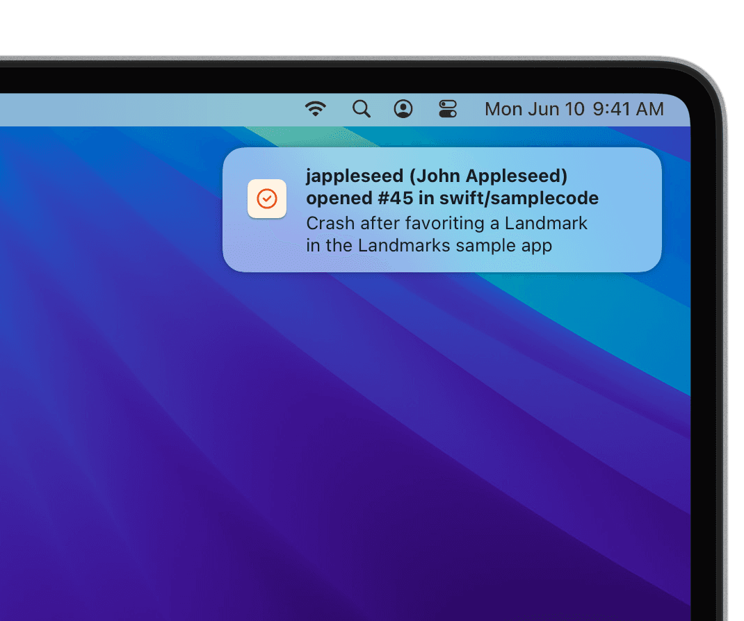 Screenshot of a Buggorama notification announcing a new issue in the swift/samplecode repository opened by John Appleseed